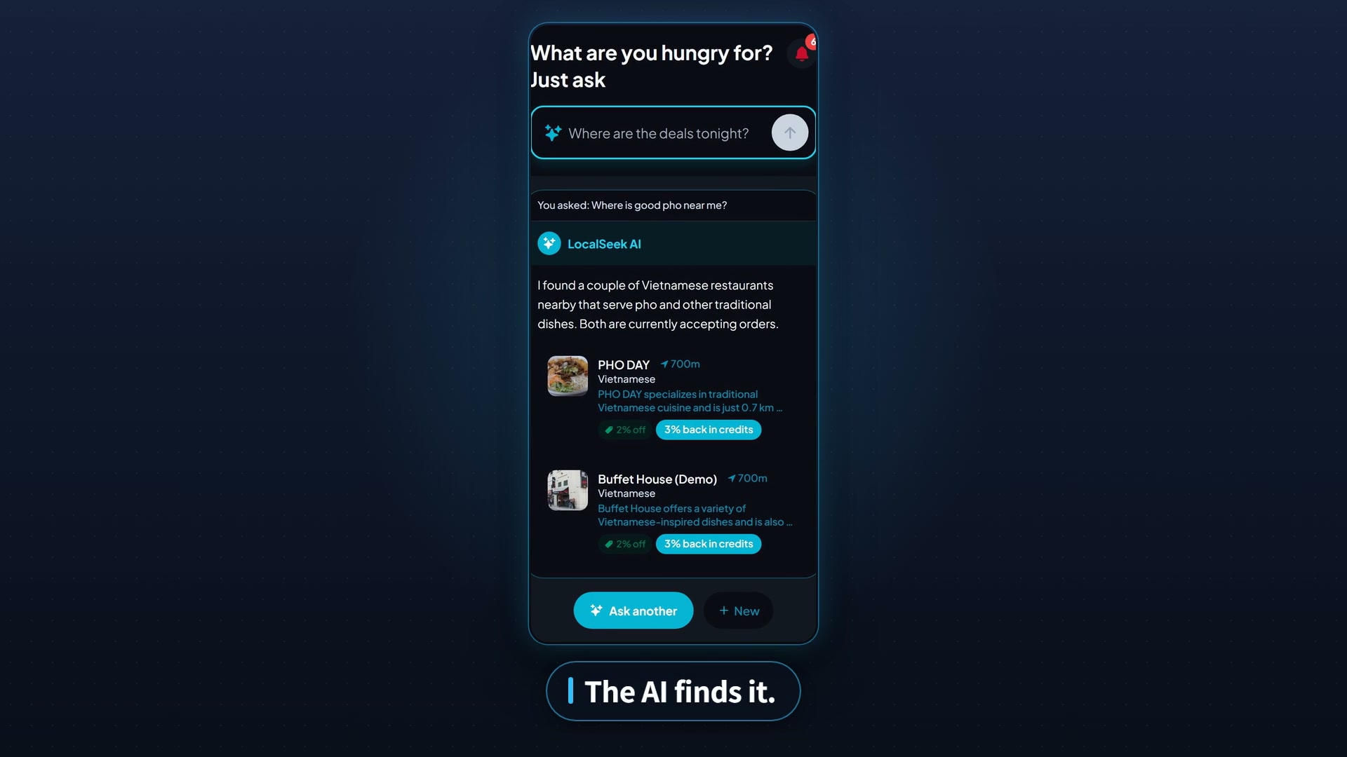 Screen recording of the LocalSeek app: a customer asks the AI for pho, opens PHO DAY, orders